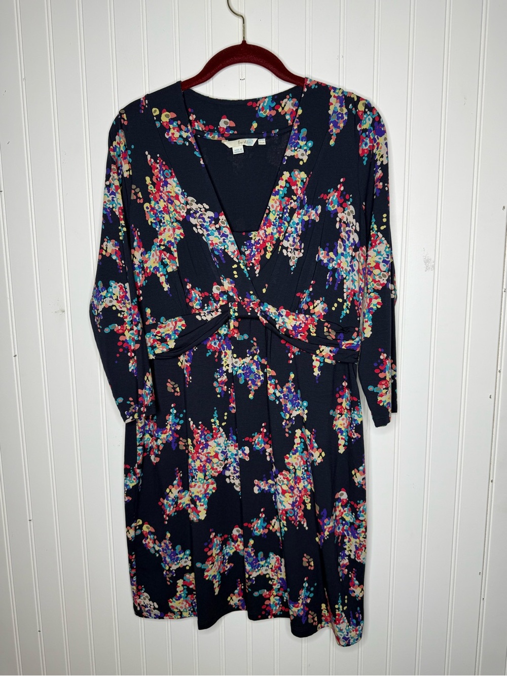 Boden V Neck 3/4 Sleeve Confetti Dot Floral Abstract Print Jersey Tunic Dress